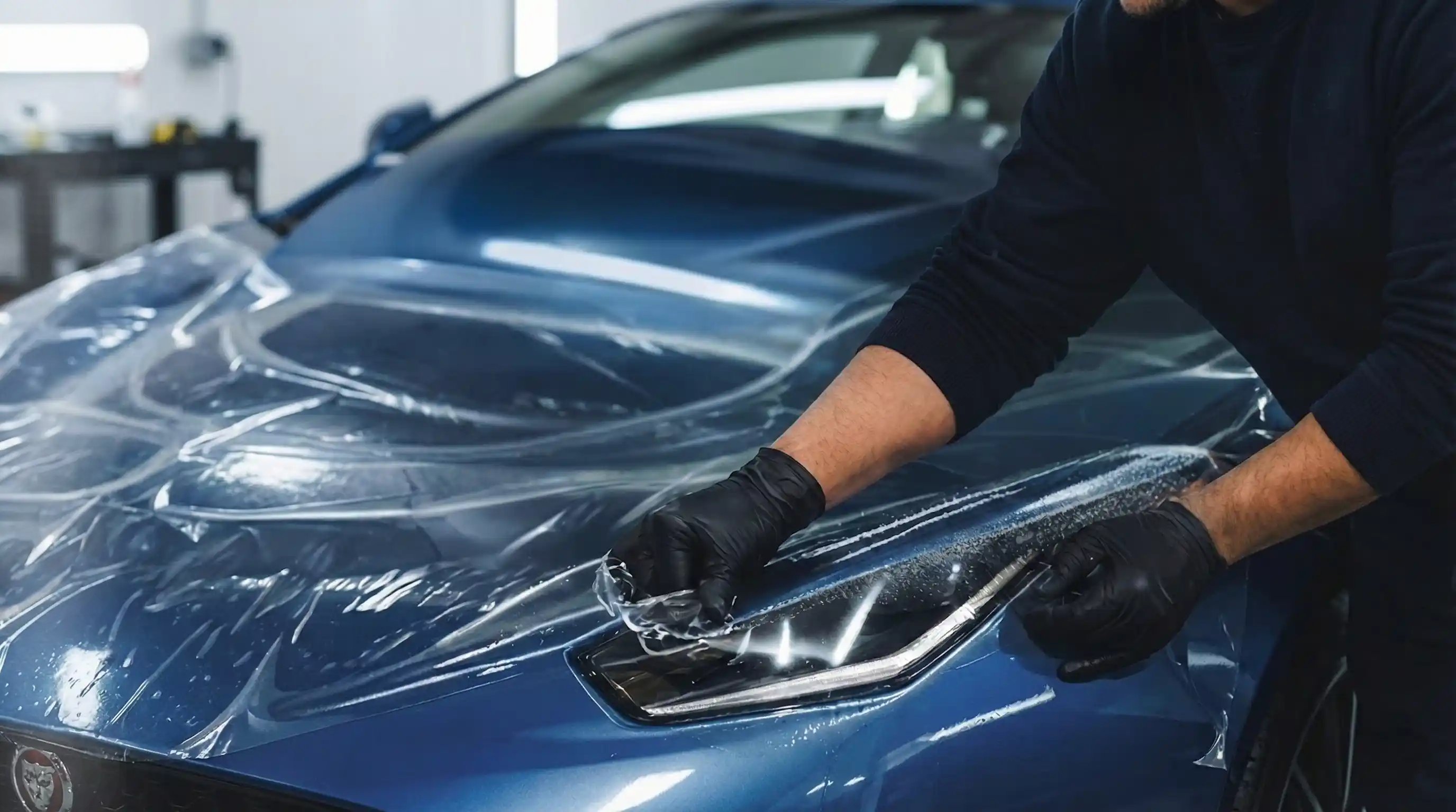 Professional applying protective film to luxury car